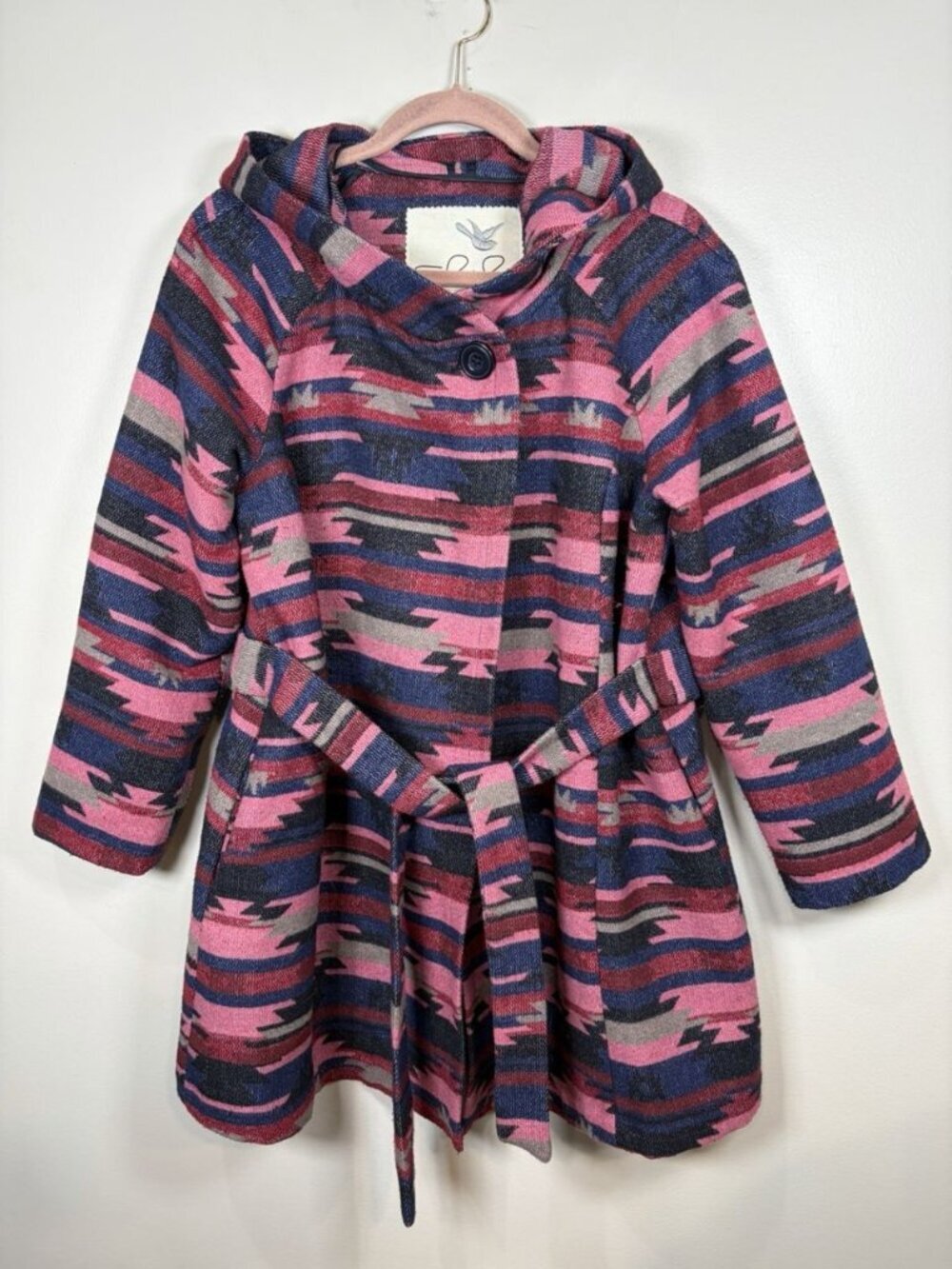 Anthropologie Hooded Belted Coat in Pink and Navy Aztec Stripe